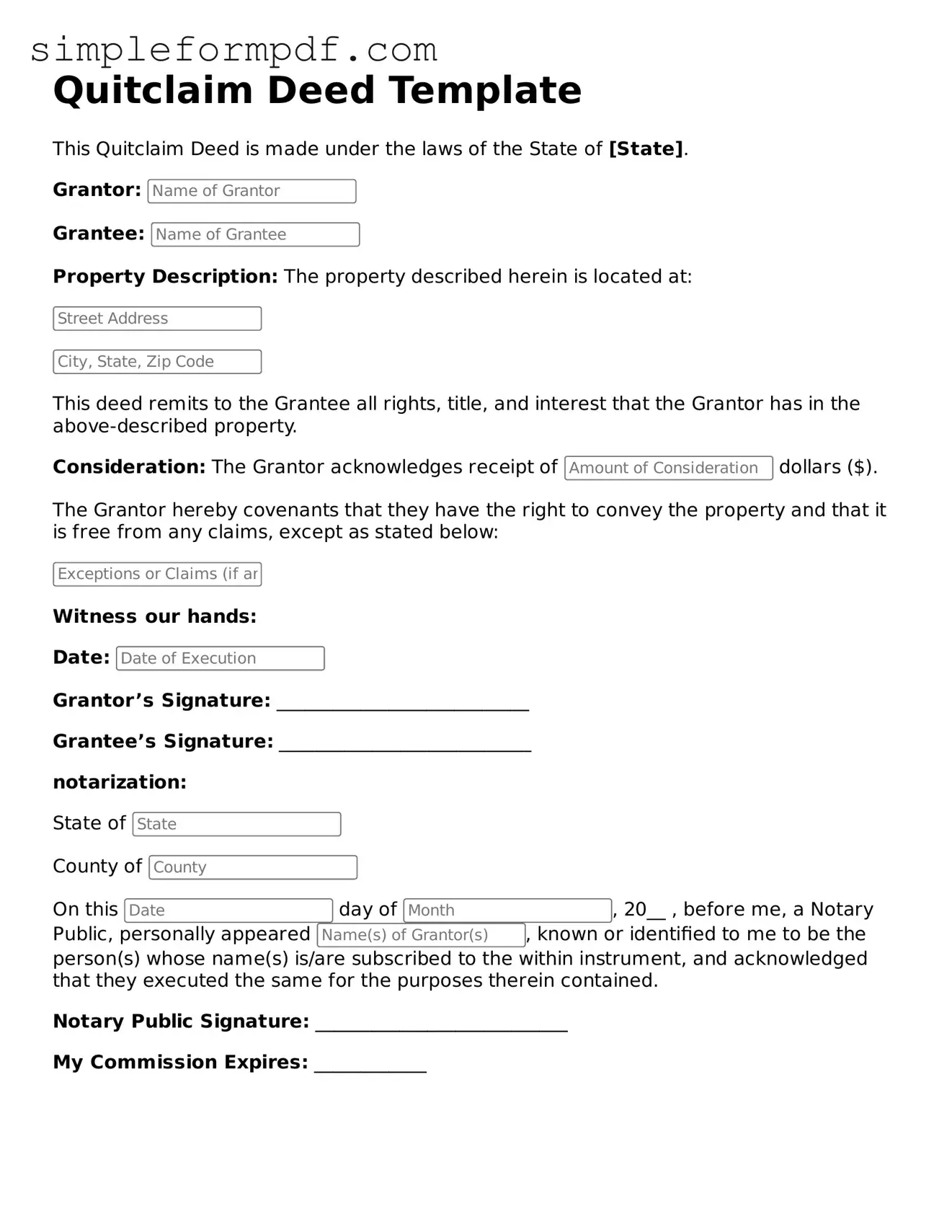 Fillable Quitclaim Deed Template
