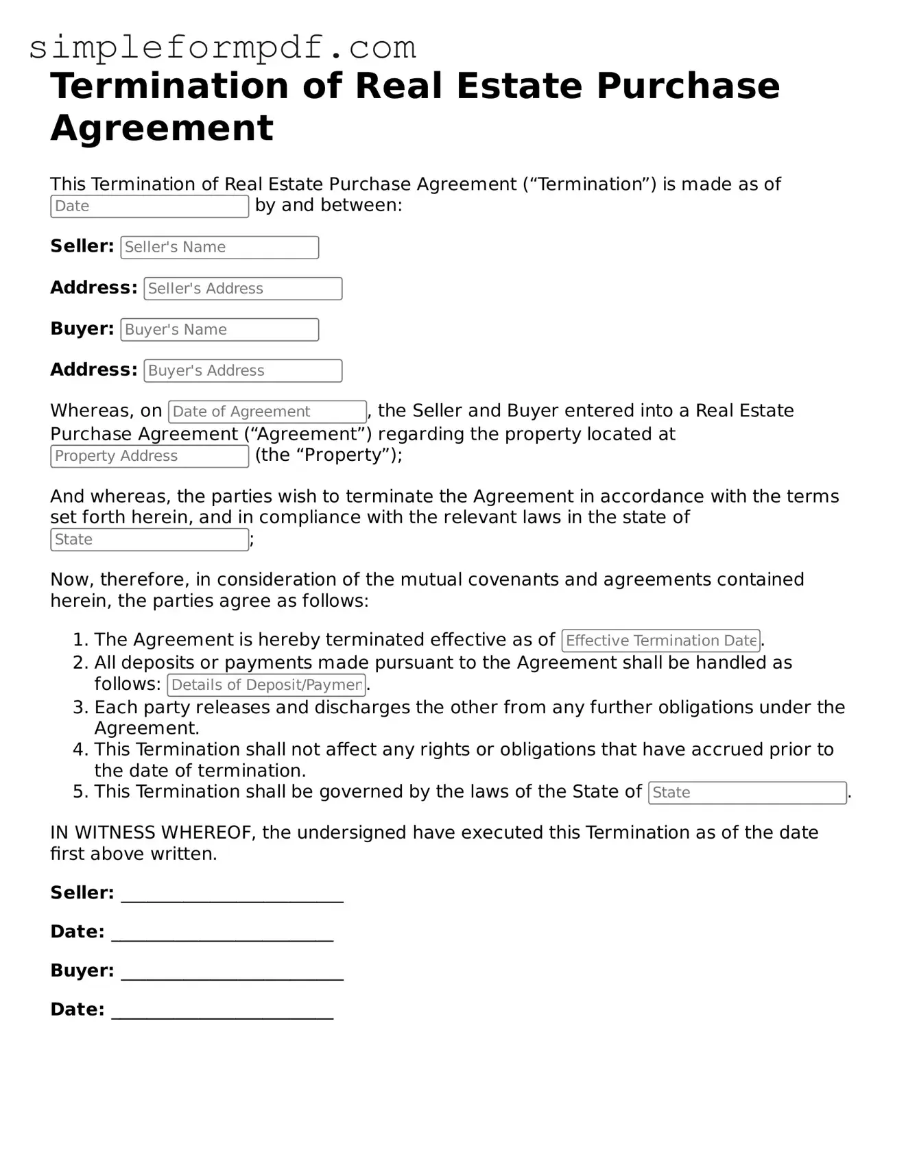 Fillable Termination of Real Estate Purchase Agreement Template