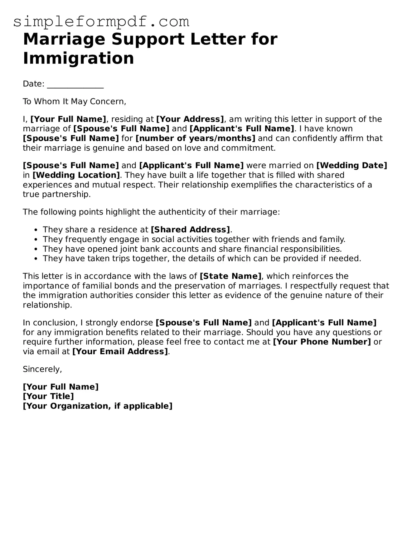 Fillable Marriage Support Letter for Immigration Template