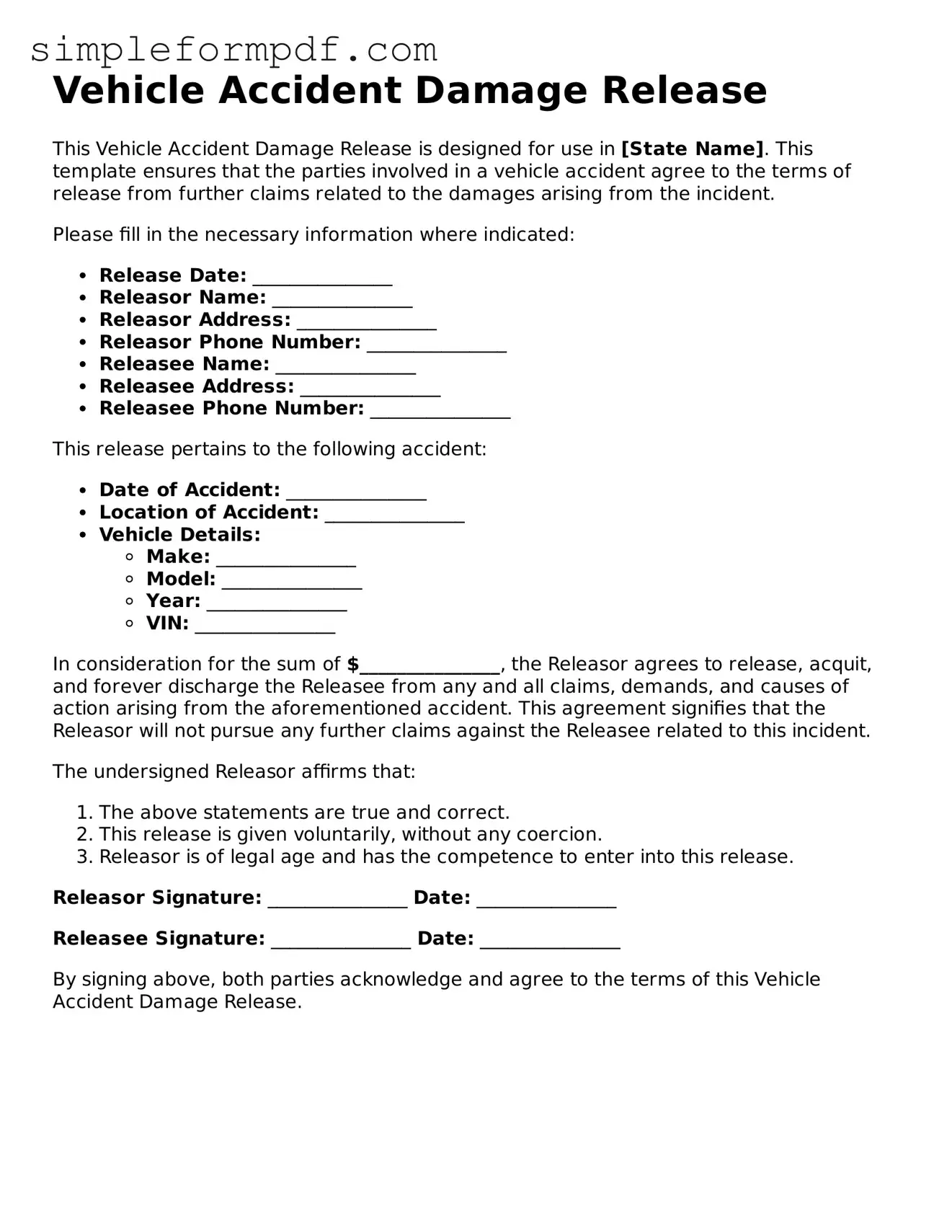 Fillable Vehicle Accident Damage Release Template