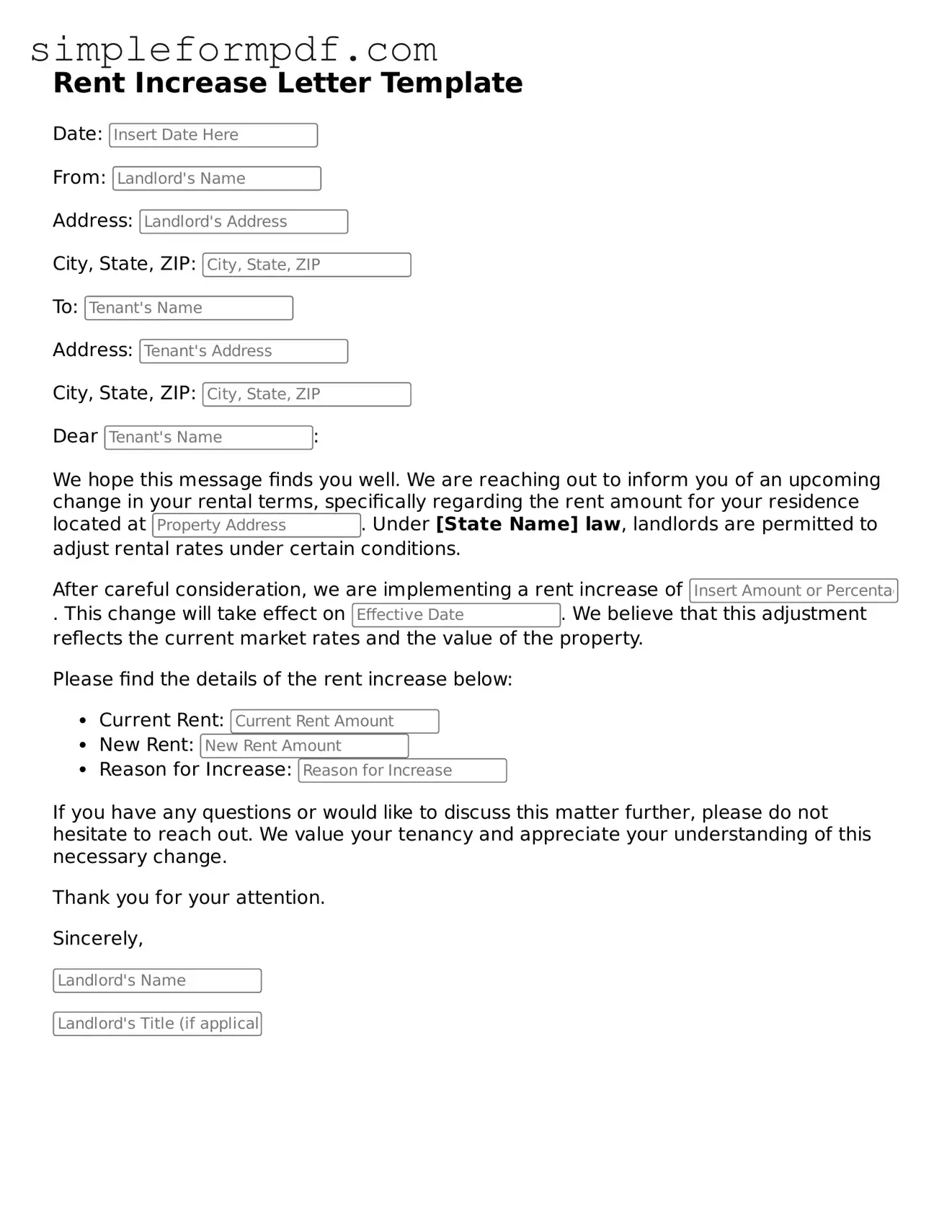 Fillable Rent Increase Letter Template