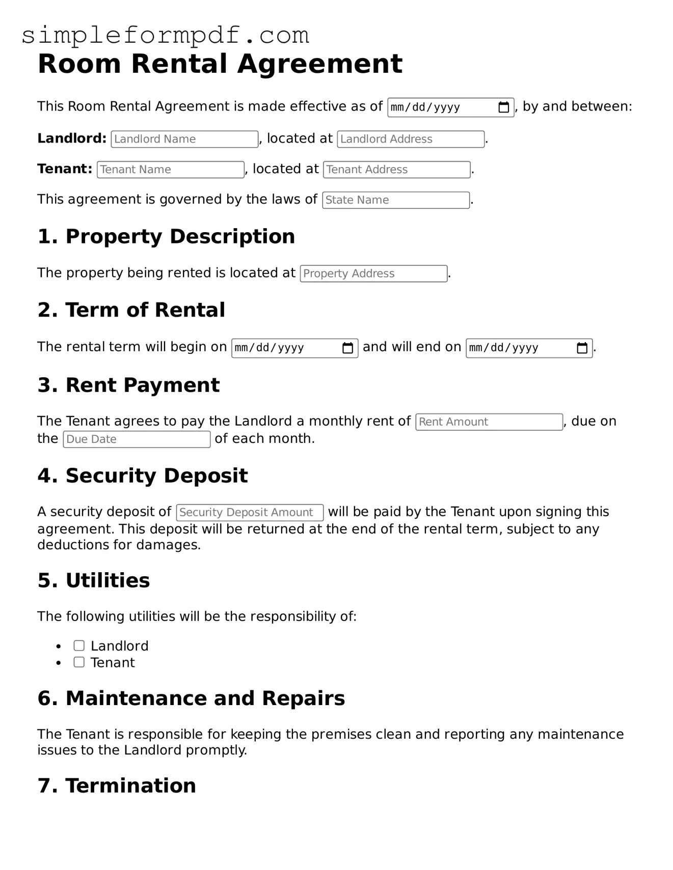 Fillable Room Rental Agreement Template