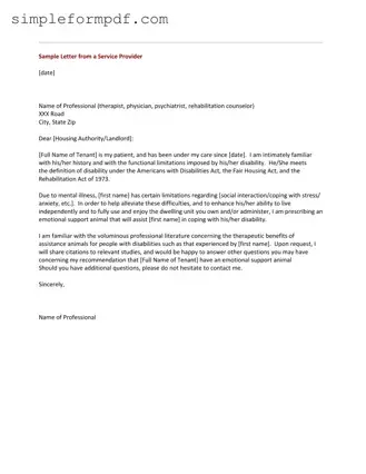 Emotional Support Animal Letter PDF Form