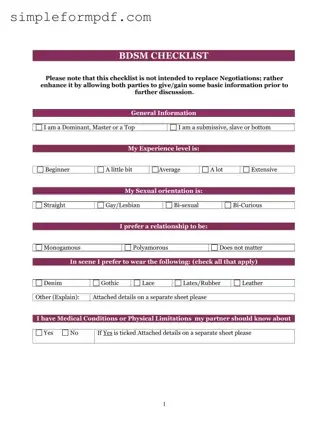 Bdsm Checklist PDF Form