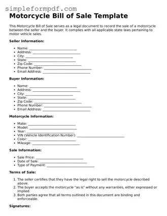 Fillable Motorcycle Bill of Sale Template