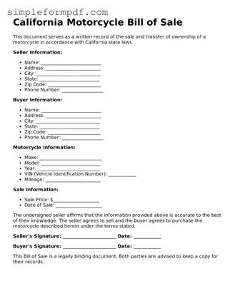 Free Motorcycle Bill of Sale Form for the State of California