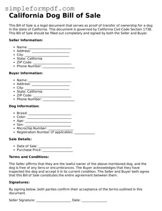 Free Dog Bill of Sale Form for the State of California
