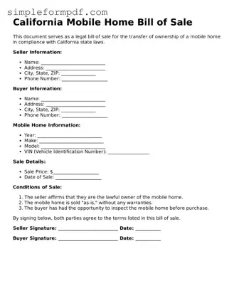 Free Mobile Home Bill of Sale Form for the State of California