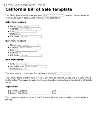 Free Bill of Sale Form for the State of California