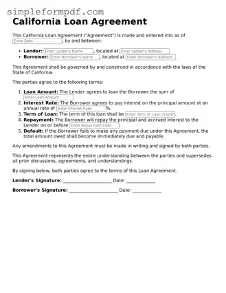 Free Loan Agreement Form for the State of California