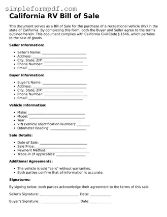 Free RV Bill of Sale Form for the State of California