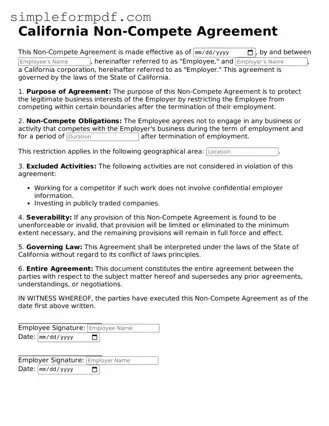 Free Non-compete Agreement Form for the State of California