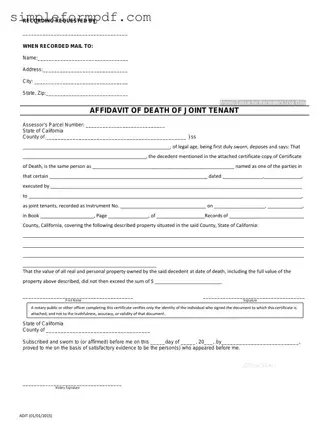 California Death of a Joint Tenant Affidavit PDF Form