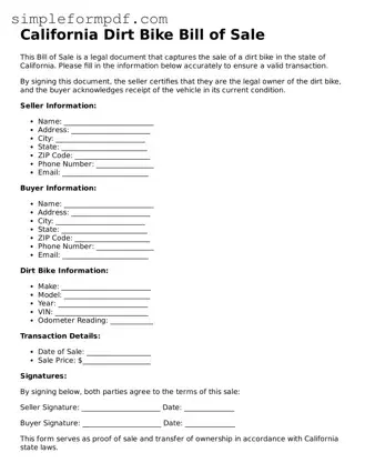 Free Dirt Bike Bill of Sale Form for the State of California