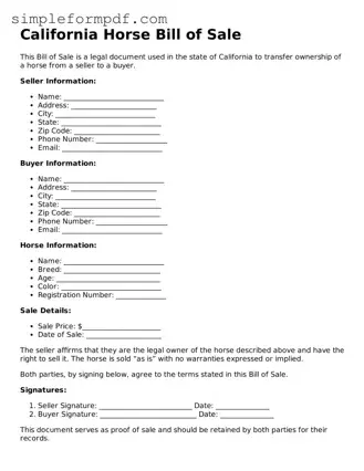 Free Horse Bill of Sale Form for the State of California