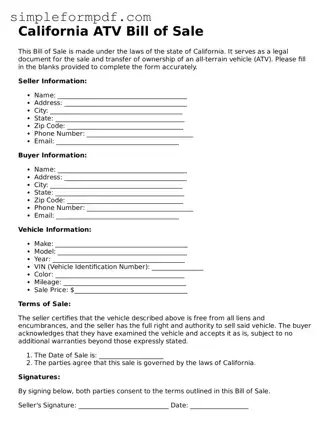 Free ATV Bill of Sale Form for the State of California