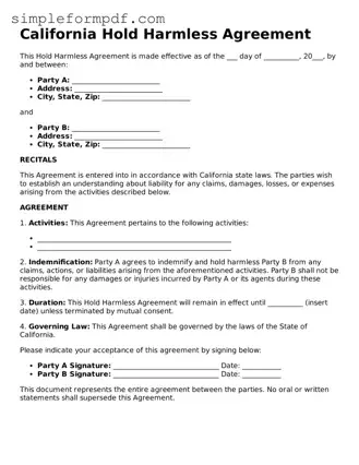 Free Hold Harmless Agreement Form for the State of California