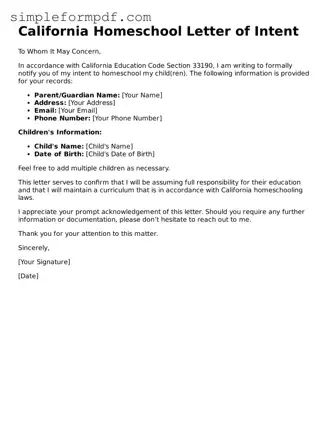 Free Homeschool Letter of Intent Form for the State of California