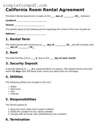 Free Room Rental Agreement Form for the State of California