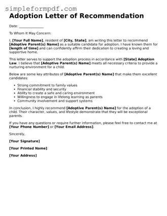 Fillable Adoption Letter of Recommendation Template