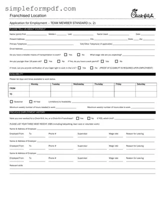 Chick Fil A Job Application PDF Form