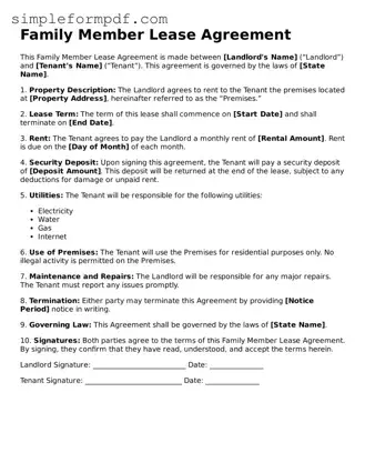 Fillable Family Member Lease Agreement Template