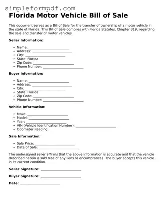 Free Motor Vehicle Bill of Sale Form for the State of Florida