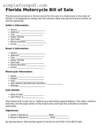 Free Motorcycle Bill of Sale Form for the State of Florida