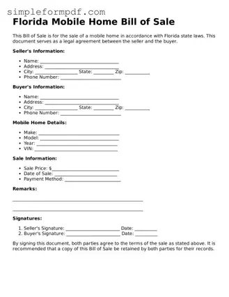 Free Mobile Home Bill of Sale Form for the State of Florida