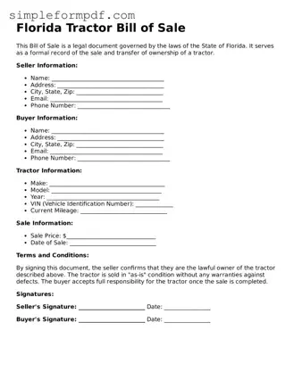 Free Tractor Bill of Sale Form for the State of Florida