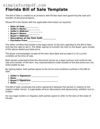 Free Bill of Sale Form for the State of Florida