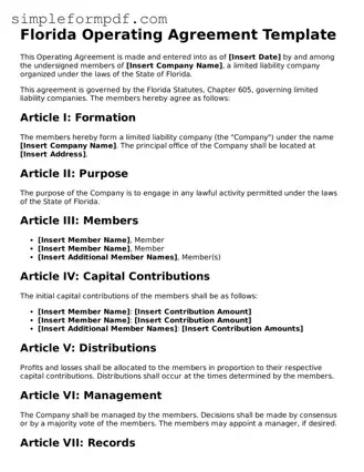Free Operating Agreement Form for the State of Florida