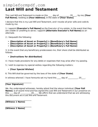 Fillable Last Will and Testament Template