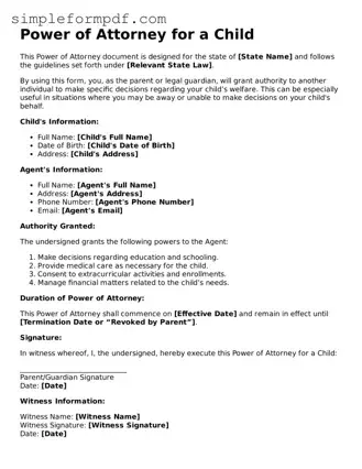 Fillable Power of Attorney for a Child Template