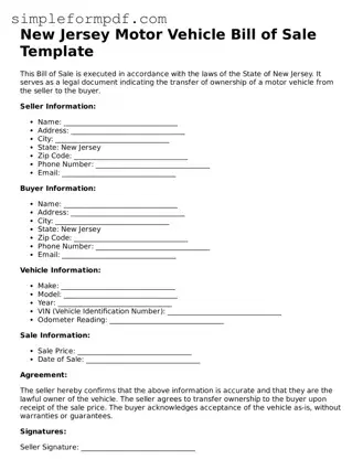 Free Motor Vehicle Bill of Sale Form for the State of New Jersey