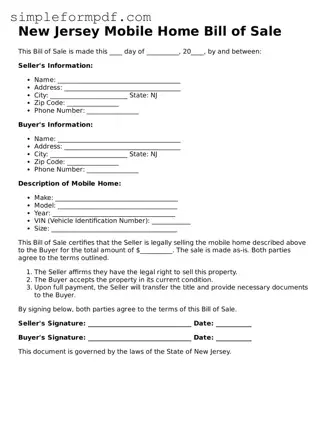Free Mobile Home Bill of Sale Form for the State of New Jersey