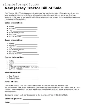 Free Tractor Bill of Sale Form for the State of New Jersey