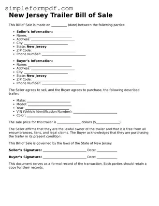 Free Trailer Bill of Sale Form for the State of New Jersey