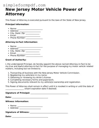 Free Motor Vehicle Power of Attorney Form for the State of New Jersey