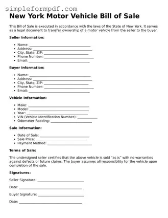 Free Motor Vehicle Bill of Sale Form for the State of New York