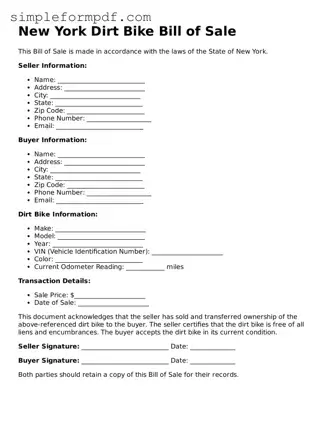 Free Dirt Bike Bill of Sale Form for the State of New York