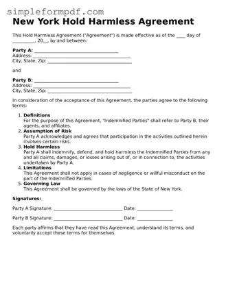 Free Hold Harmless Agreement Form for the State of New York