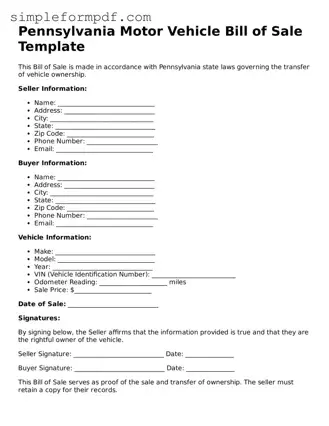 Free Motor Vehicle Bill of Sale Form for the State of Pennsylvania