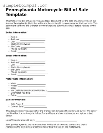 Free Motorcycle Bill of Sale Form for the State of Pennsylvania