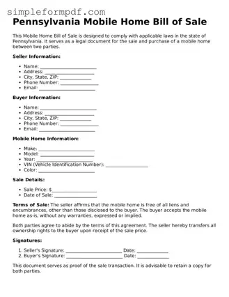 Free Mobile Home Bill of Sale Form for the State of Pennsylvania
