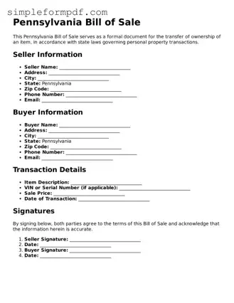 Free Bill of Sale Form for the State of Pennsylvania