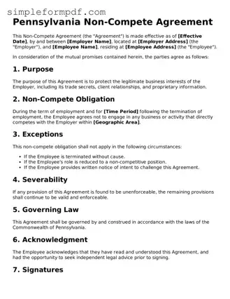 Free Non-compete Agreement Form for the State of Pennsylvania