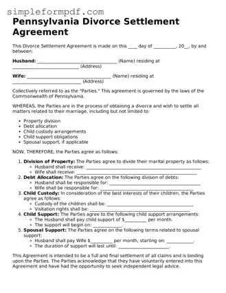 Free Divorce Settlement Agreement Form for the State of Pennsylvania