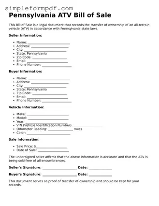 Free ATV Bill of Sale Form for the State of Pennsylvania