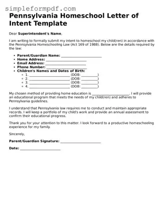 Free Homeschool Letter of Intent Form for the State of Pennsylvania